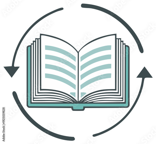 Open book with circular arrows symbolizing learning and knowledge cycle