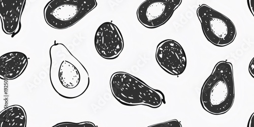 Avocado seamless pattern background with hand drawn sketch fruit
