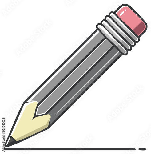 Illustration of a sharpened graphite drawing pencil with rubber eraser writing a line on paper, gray tone