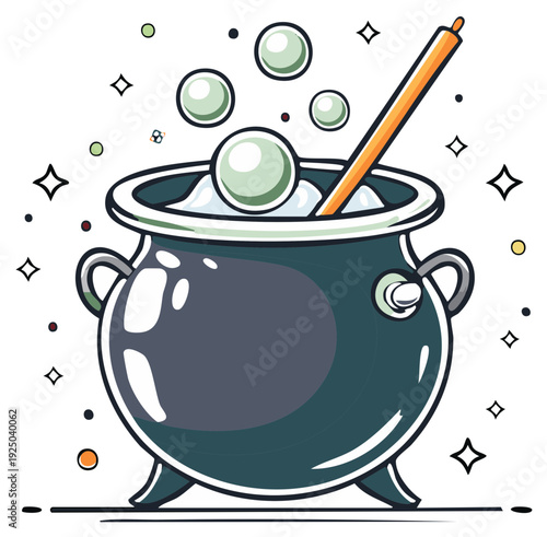 Magical cauldron bubbles with stirring stick surrounded by sparkling stars and mystical lights