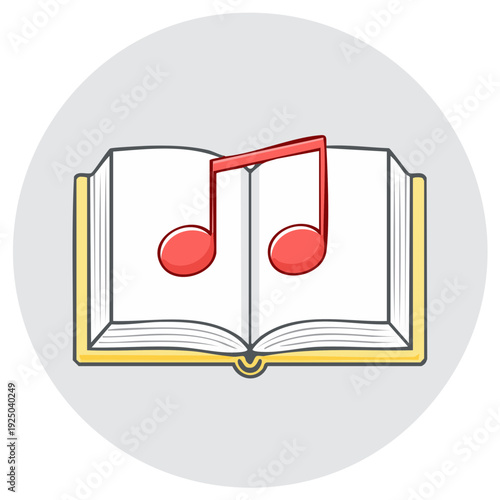 Open book with musical note cartoon illustration in front of a gray circle