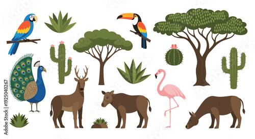 Collection of various safari animals and plants including a peacock, parrot, toucan, deer, and flamingo with desert cacti.