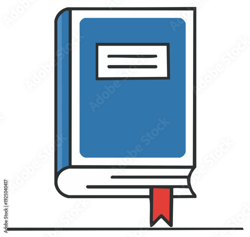 Blue hardcover book with red bookmark standing on a plain surface