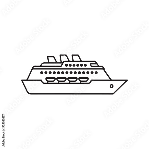 Line drawing of a large cruise ship with multiple decks and smokestacksets on a white background for travel and transportation concepts