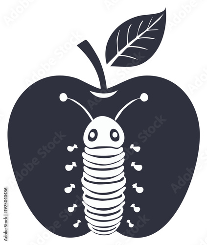 Stylized Caterpillar Crawling Inside a Dark Apple Silhouette with Leaf and Stem