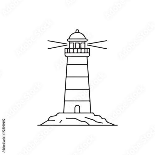 Line drawing of a lighthouse on a rocky coastline with beams of light shining out  a simple iconic illustration of a beacon tower