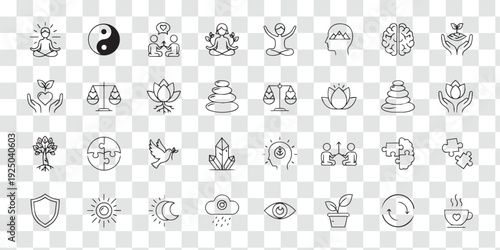 Mindfulness and Wellness Line Icons Zen Meditation, Yoga, Spiritual Balance, Nature, Mental Health and Self-Care Vector Collection