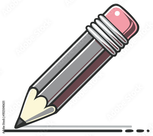 Cartoon drawing of a graphite pencil with a pink eraser writing a line on a white surface
