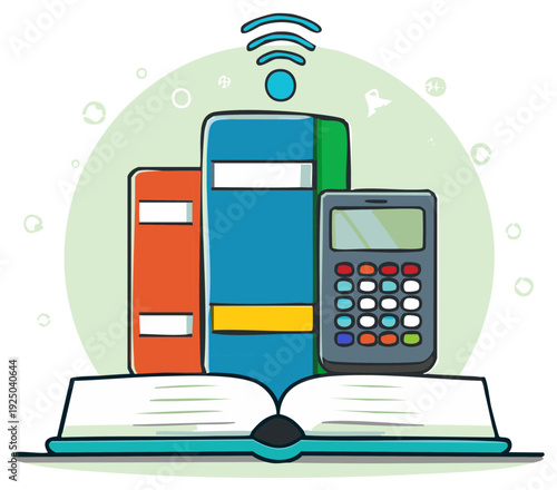 Digital Knowledge and Online Education Illustration with Books, Calculator and Wifi Symbol