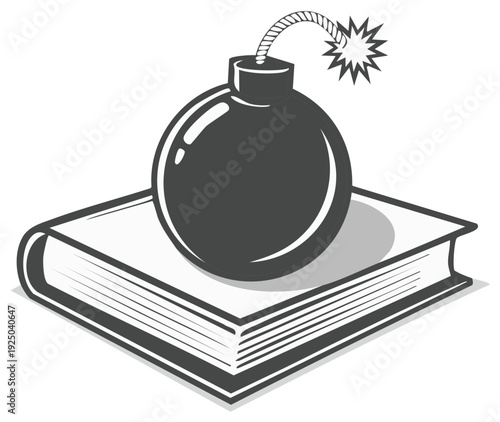 Black cartoon bomb resting on an open book symbolizing dangerous knowledge or explosive ideas