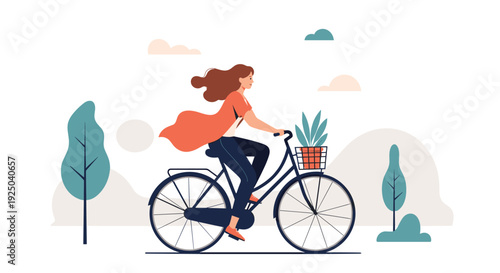 Active woman rides a bicycle through a scenic park with a basket containing a potted plant on a windy day.
