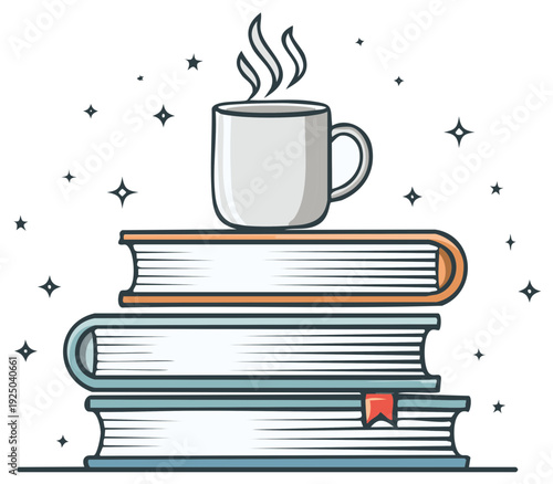 Stack of books and coffee cup with steam vector illustration