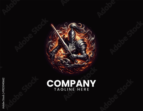 Silver armored knight warrior holding sword is surrounded by burning fire circle