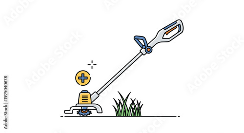 Modern cordless string trimmer tool for gardening and lawn maintenance shown cutting grass in a simple flat icon style.