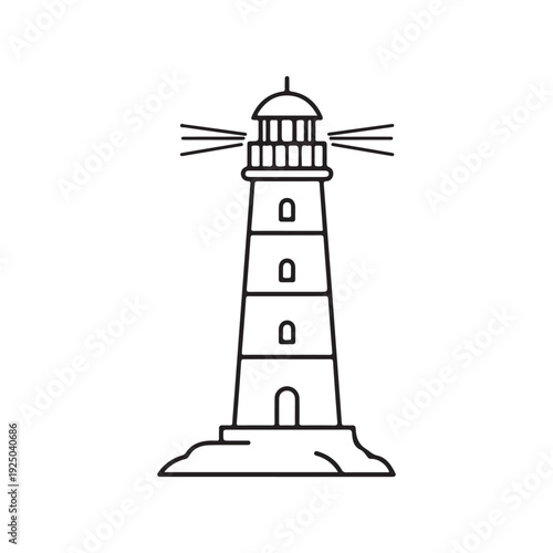 Line drawing of a lighthouse on rocky shore with beam of light  nautical navigation aid structure