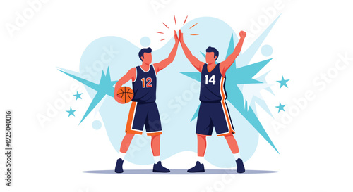 Two basketball players in team uniforms celebrate their successful game with a high five and a victory cheer.