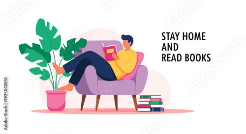 Cozy home scene of a man reading a book in a purple armchair next to a large monstera plant and a stack of books.