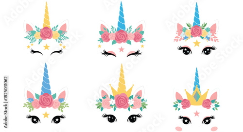 Set of six cute unicorn faces with different floral crowns, horns, and accessories for a magical themed design.