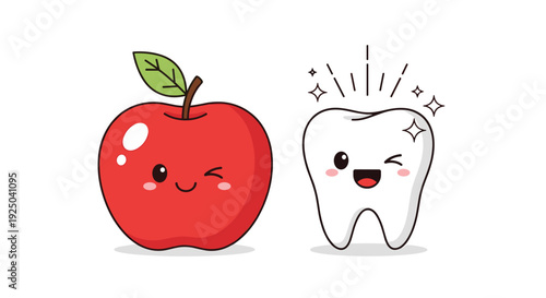 Friendly red apple and healthy white tooth characters winking and smiling together in a dental care illustration.