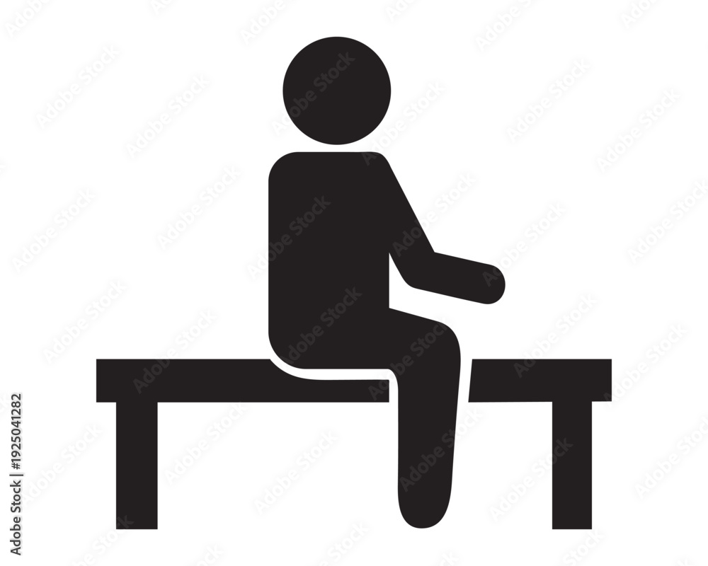 Fototapeta premium Black silhouette of a person sitting on a bench icon. Simple vector graphic for public signs and information.