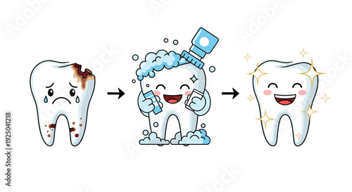 Educational illustration showing the dental care process from a decaying tooth to brushing and a healthy white smile.