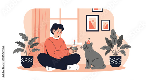 Flat illustration of a young man sitting on the floor at home, holding a birthday cupcake with a candle for his grey cat wearing a party hat.