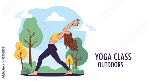 Yoga class outdoors poster featuring a woman in a yellow top and black leggings doing a backbend pose in a park with green trees and blue sky.