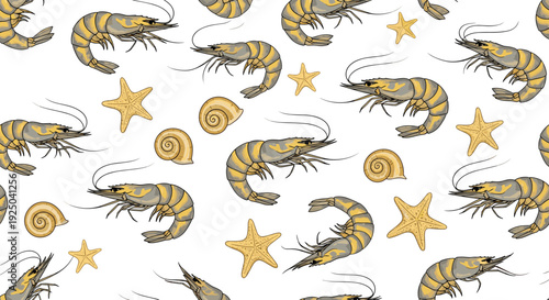 Detailed seamless pattern of cooked shrimp, starfish, and spiral seashells on a white background, ideal for seafood packaging or coastal theme.