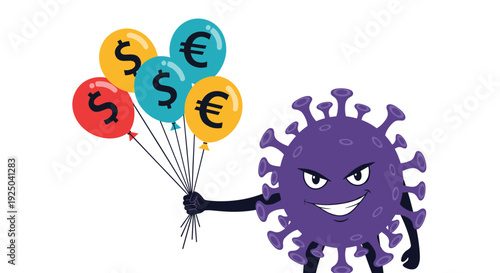 Vector illustration of a purple coronavirus character with a mischievous face holding a bunch of colorful balloons with dollar and euro symbols.