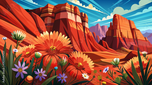 Very beautiful close-up desert wildflowers blooming beneath dramatic red rock formations in Grand Canyon, creating a striking contrast of color and texture.
