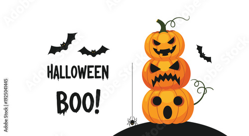 Halloween boo design featuring a stack of three carved pumpkins with scary expressions, bats, and a small spider on a clean white background.