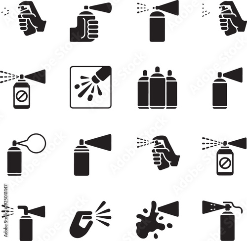 Spray can flat glyph icons set. Hand with aerosol, airbrush, powder coating, graffiti art, cough effect vector illustrations. Signs for disinfection, cleaning