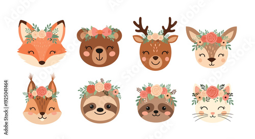Collection of cute animal heads including a fox, bear, deer, squirrel, and cat, all wearing vibrant and colorful flower crowns on their heads.