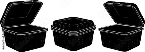 Monochrome vector illustration of disposable food containers, take-away lunch boxes for delivery and eatery packaging.