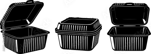 Monochrome vector illustration of disposable food containers, take-away lunch boxes for delivery and eatery packaging.