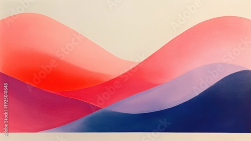 Geometric shapes overlap in coral pink and soft lavender on a neutral cream background creating a dynamic visual flow and energy