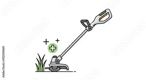 Minimalist illustration of a grass trimmer or weed eater tool in action cutting grass with a positive green plus sign symbol for garden care.