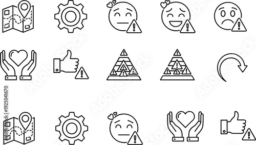 Map, Settings, Emoji Warning, Care Hands, Thumbs Up and Pyramid Alert Line Icon Set for Web and App Interface Design