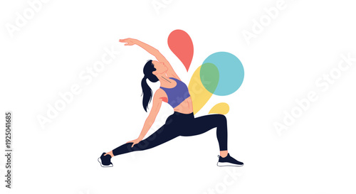 Dynamic flat illustration of a woman in athletic wear performing a yoga stretch with colorful abstract shapes in the background for wellness.