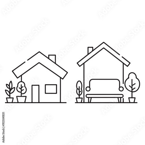Line drawing of two houses with plants and furniture in front  simple black and white illustration of home and garden