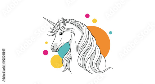 Elegant portrait of a white unicorn with a long flowing mane and spiraled horn against a background of colorful circles and abstract shapes.