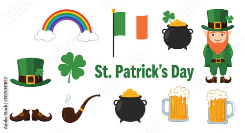 St Patrick's Day clip art collection with a rainbow, Irish flag, pot of gold, leprechaun, shamrock, beer mugs, and a smoking pipe.