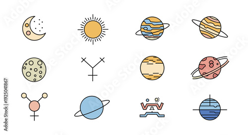 Set of simple line art icons representing planets, moons, the sun, and various astrological and astronomical symbols in a minimalist style.