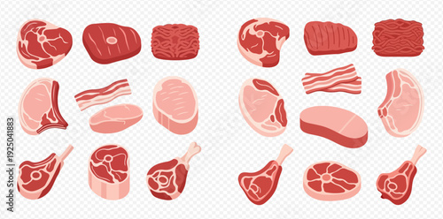 Various cuts of fresh raw meat, including beef, pork, and lamb, on a transparent background, ready for cooking.