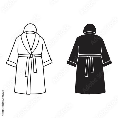 Line drawing of white and black bathrobe with hood and belt front and back view  simple clothing design