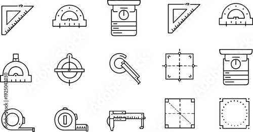Measurement and Engineering Line Icons Set Geometry Tools Outline Vector Collection Precision Symbols Pack