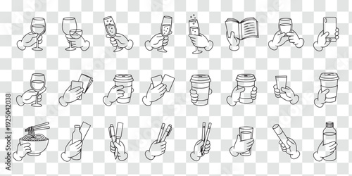 Cartoon Hands Holding Diverse Objects Line Art Icon Set. Daily Life, Drinks, Food, Tech, and Business Activity Doodles.