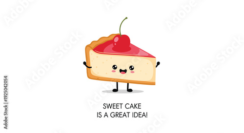 Cute cheesecake slice character with a cherry on top and a cheerful face standing over motivational text on white background.