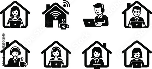Remote Workers in Silhouette: A collection of silhouette icons representing diverse individuals working remotely from their homes, showcasing the modern trend of virtual work. 