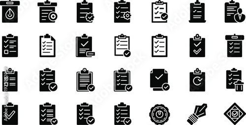 Collection of black and white clipboard icons with various symbols